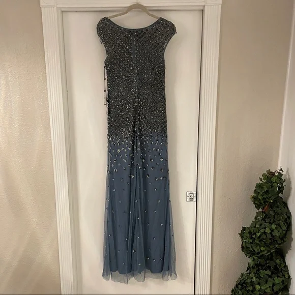 NWT Adrianna Papell Embellished Mesh Mermaid Gown Dusty Blue Grey [SZ 8 ]  - threedaughtersproperties.com